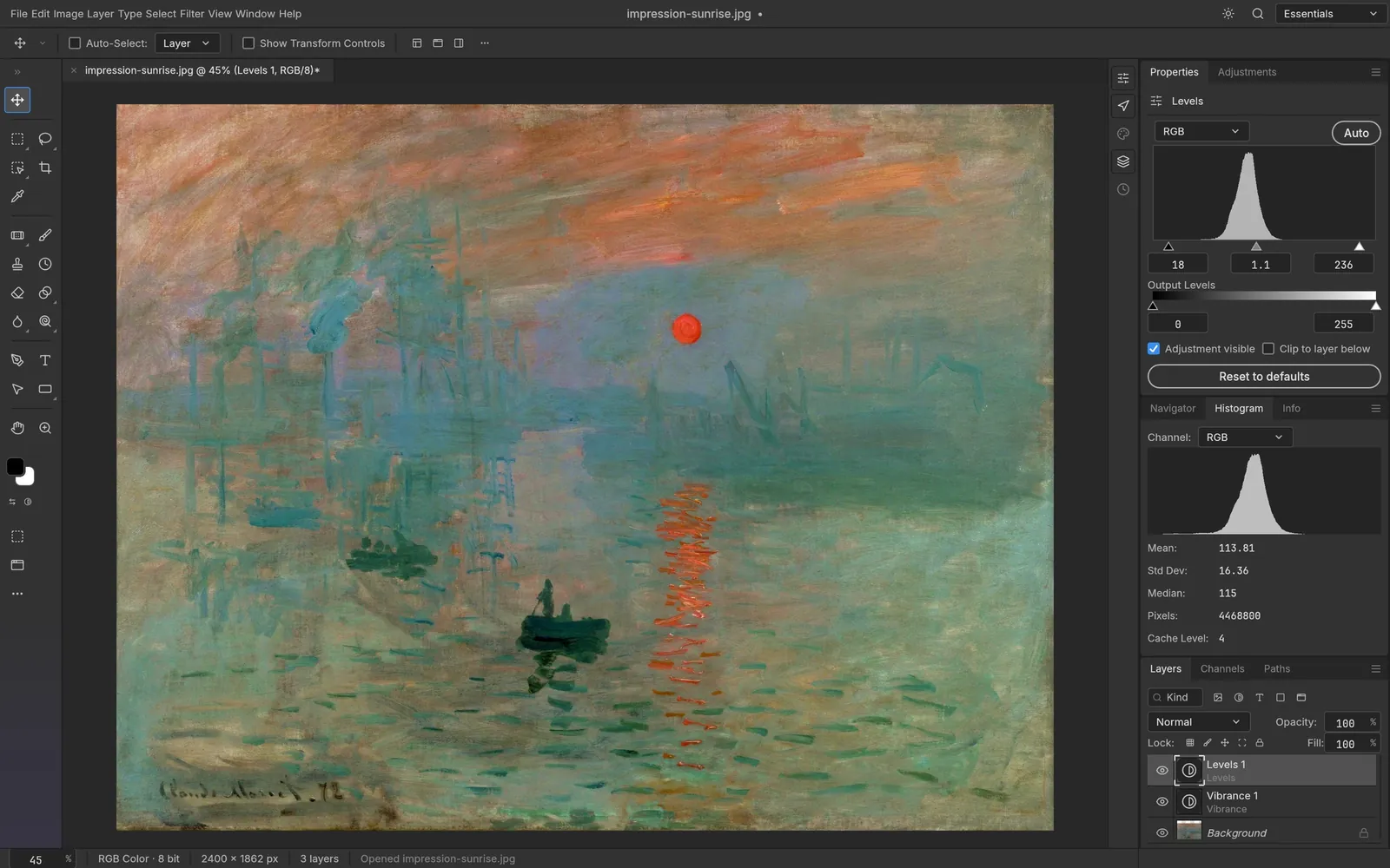 Monet's Impression, Sunrise with Levels and Vibrance adjustment layers and the Histogram panel
