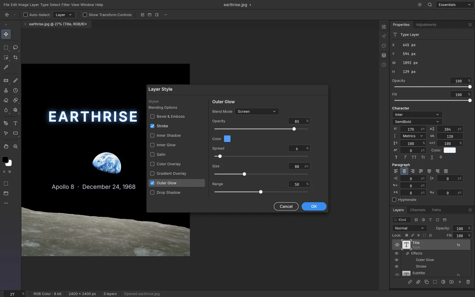 The Layer Style dialog editing an Outer Glow on a type layer over the Earthrise photograph