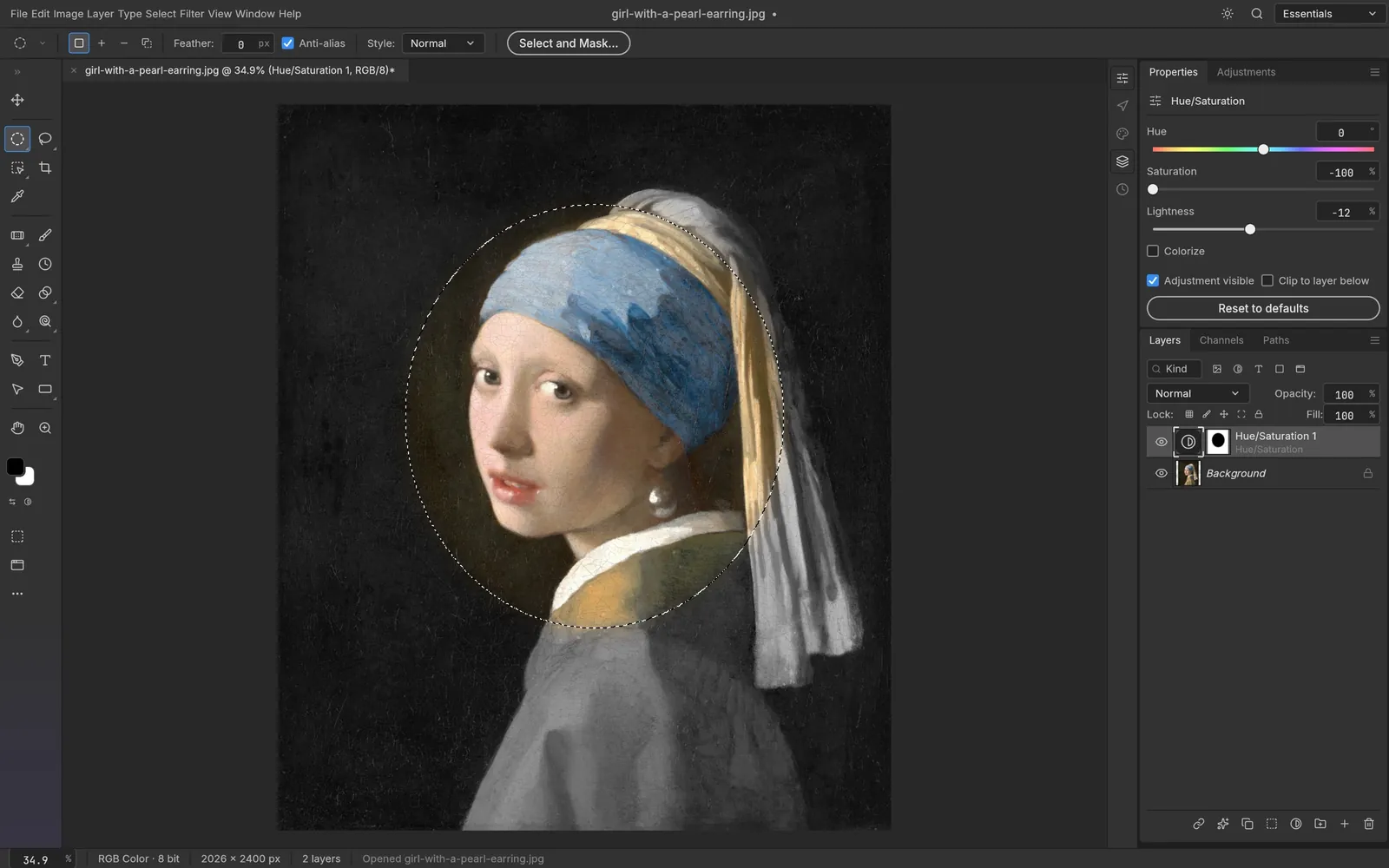 Vermeer's Girl with a Pearl Earring with an elliptical mask on a Hue/Saturation layer