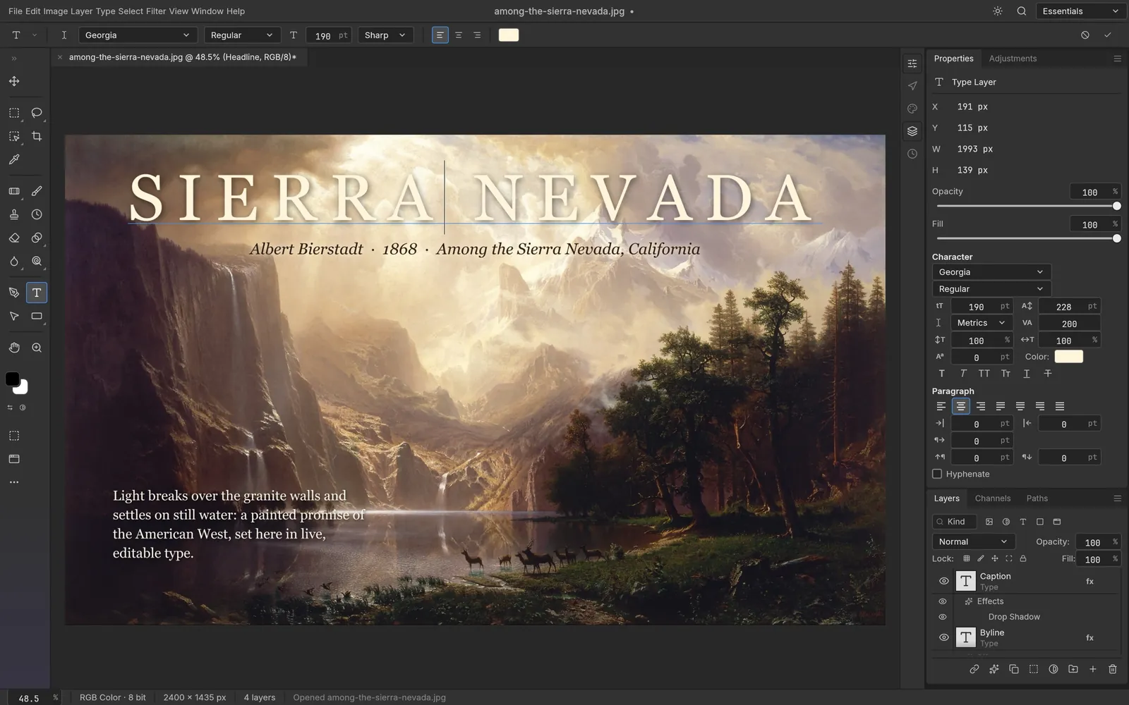 Bierstadt's Among the Sierra Nevada with a headline being edited on the canvas